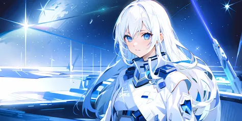 anime girl with white hair and blue eyes standing in front of a spaceship, portrait anime space cadet girl, scientist white coat