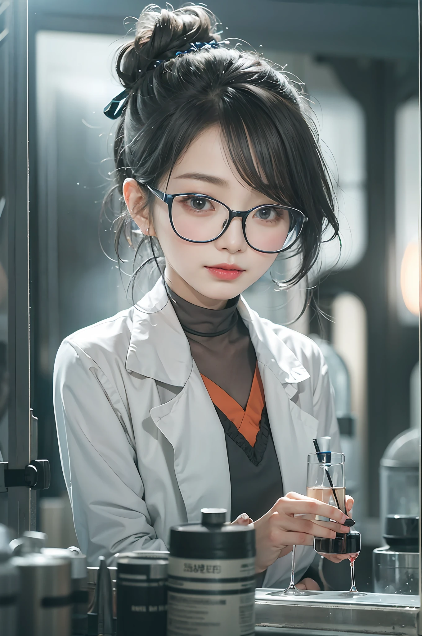 Mujer china con rostro inteligente e inteligente.、investigador、físico、cosmólogo、Tiene el pelo negro recogido en un moño.、Hermosa bata de laboratorio、científico、Usando gafas delgadas、cara muy hermosa、cara perfecta、Detalles detallados