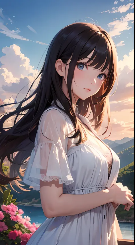 （Close-up of the painting style，8k ultra high definition，Masterpiece grade vista CG wallpaper），Beautiful skyline，Magnificent sky，美丽细致的眼睛，cute girly，Perfect slim body，shift dresses，Pure eyes，The skin is smooth like a baby，Stand on a high waterfall overlooki...