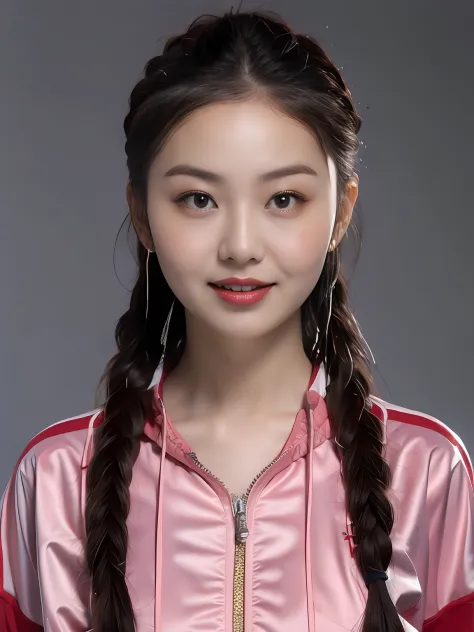 Chinese female high school student，PVC red tracksuit，solid color backdrop
