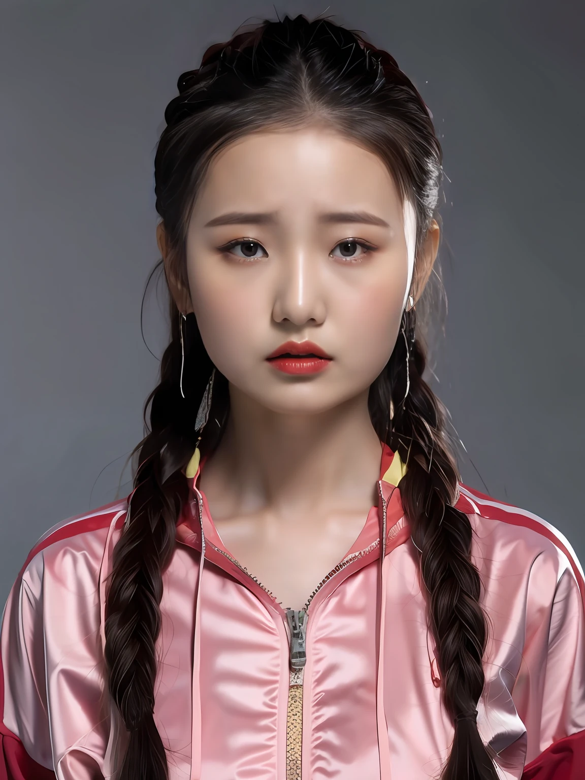 Chinese female high school student，PVC red tracksuit，solid color backdrop