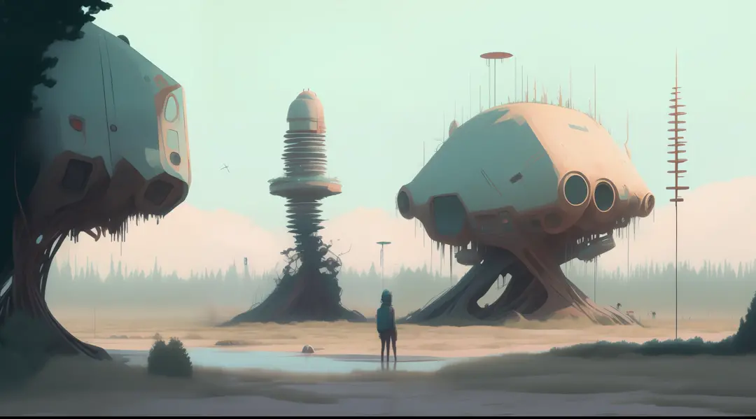 an artist's rendering of a futuristic landscape by simon stlenhag