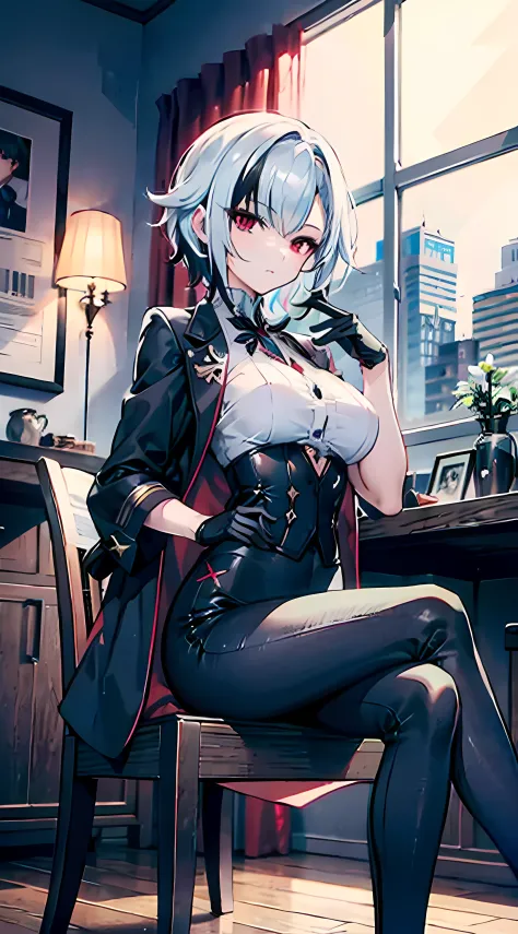 (masterpiece, best quality), 1girl, mature woman, tall woman, white hair, short hair, black gloves, formal outfit, pants, sit on...