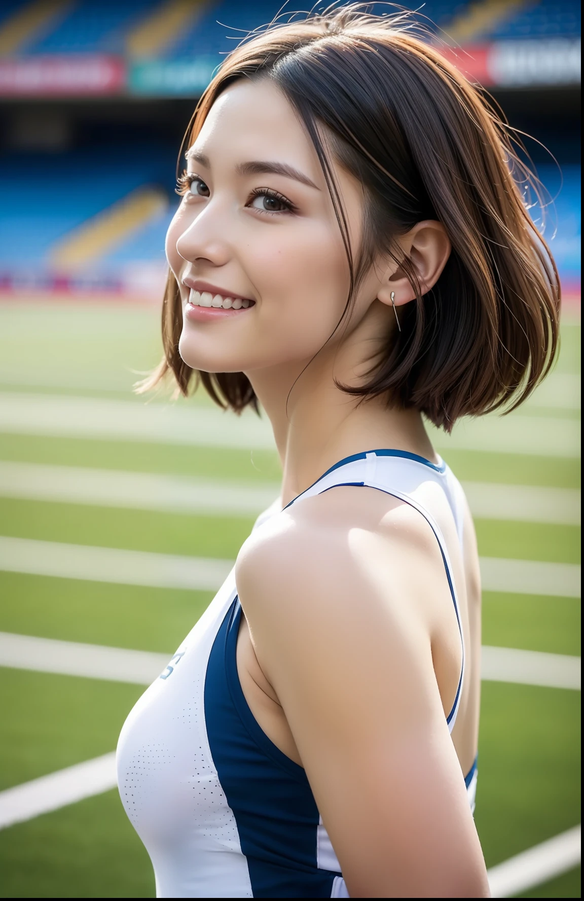 (((full bodyesbian)))、Rear view、japanese beauty girl、((Short-cut hairstyles))、Perfect style、track and field uniform、beauty legs、kawaii、((Track & Field Athletes Women))、(((1人)))、((stadium))、Transcendent cute、A slight smil、Beautiful breasts、full bodyesbian、athletic field、((Outstanding style))、((Healthy body))、 Photorealsitic、Beautiful detailed eyes、Hyper-Realism、highcontrast、Ultra HD、realistic skin textures、Top image quality、top-quality、超A high resolution、Fine details、Very meticulously