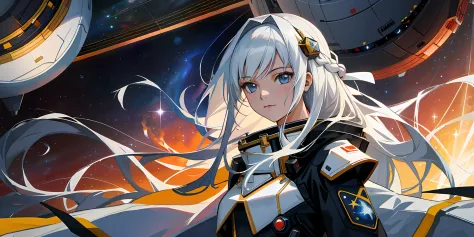 Girl standing on a space command ship，A slight smil，Space in the distance is still fighting，A nearby exploding star gradually collapsed into a black hole。Maiden Governor，White-haired girl，long whitr hair，portrait of teenage girl，Wearing an imperial scienti...