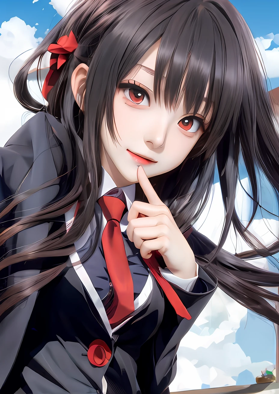 Chica anime con cabello largo y negro y corbata roja. ,Realista ,ultra detalle , con el dedo índice,