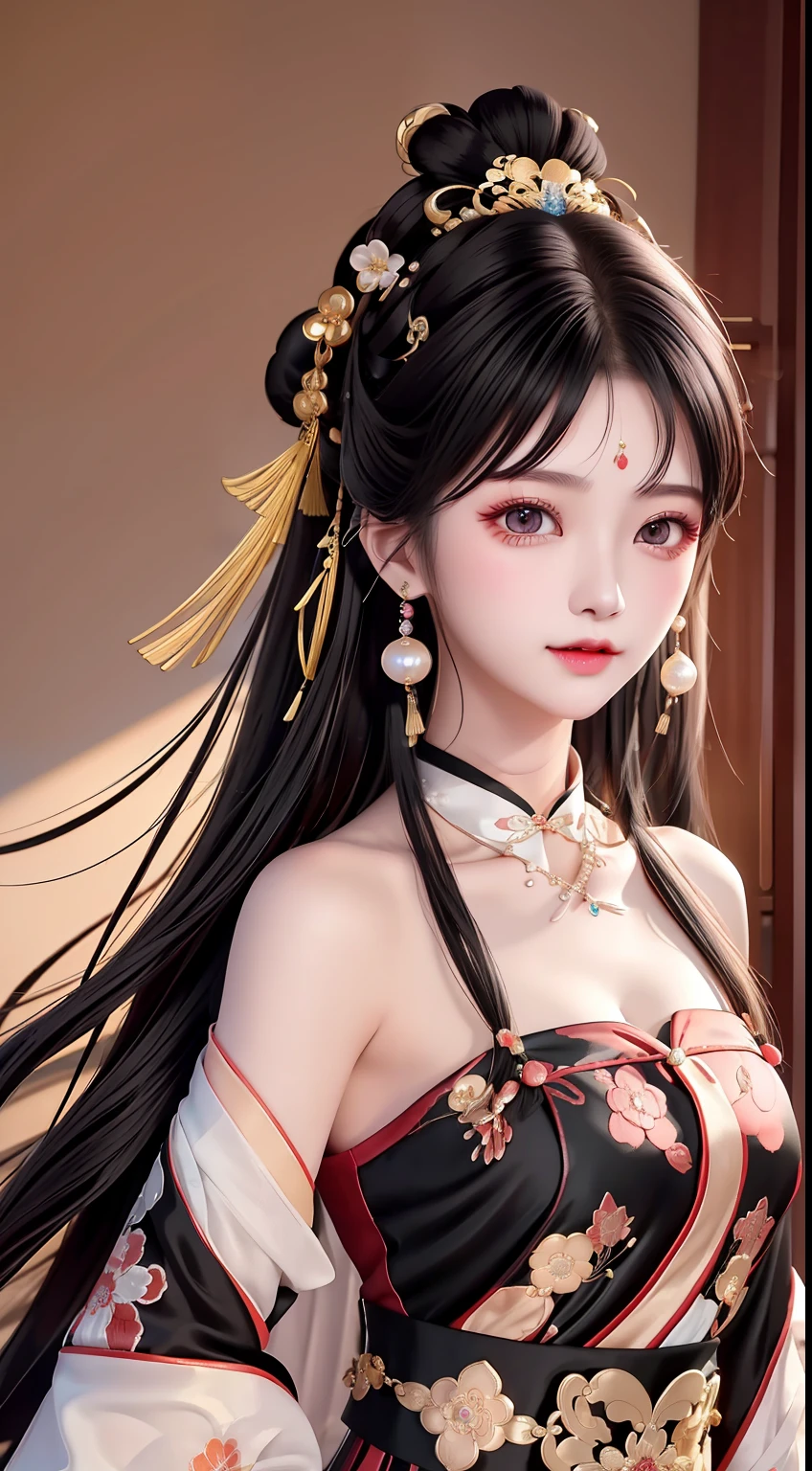 Best quality at best， tmasterpiece， beautiful  face， 1girll， long_hair， 独奏， upper_body， Porcelain dress，shift dresses，hair adornments， choker necklace， jewely， long whitr hair， 耳Nipple Ring， Chinese clothing high detail,8K分辨率,超高分辨率,A young girl, a cute girl，short detailed hair，hair-bun，lipsticks，Tassel earrings，Black clear eyes，Smooth hair,鎖骨,Delicate and perfect facial features, the most beautiful big eyes,Long eyelashes,The eyes are sweet and there are lying silkworms,ssmile，dynamic angle,extreme picture quality,Highest precision,Precise and perfect human anatomy，(((Antique black Hanfu，Crimson embroidery)))，((sitted))，Warm scene，超高分辨率，Ultra-clear Chinese antique style black flowing hair with a delicate bun）By bangs，（Long flowing hair，With a bun:1.3）），Delicate collarbones，beautiful make up，Exquisite and perfect facial features，，Big watery eyes，Lying silkworm，Long eyelashes，The eyes are sweet and have eye shadow，Slim waist，Do not show your hands，，lipsticks，Blushlush，Delicate earring earrings，pearls necklace