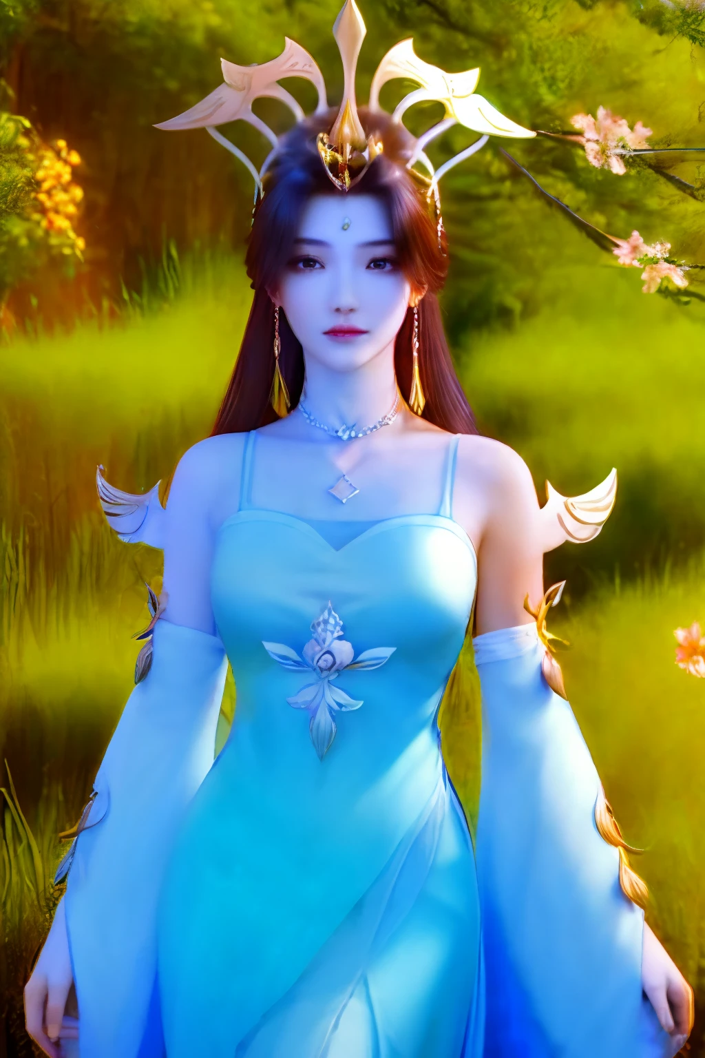 （Liu Shen），1girll，（tmasterpiece），（best qualtiy），（hyper-detailing），（A high resolution），hoang lap，Ultra-realistic 4k CG，delicate patterns，Complicated details，best illuminate，best shadow，Natural lighting，depth of fields，bblurry，1girll，独奏，medium_breasts，choker necklace，耳Nipple Ring，jewely，（（brunette color hair：1.2））， 独奏， 耳Nipple Ring， long whitr hair， choker necklace，ssmile， hair adornments， shiny skins，（cowboy lens）， （White Chinese dress with pink lines，Floating hair）， peach blossom，blossom flower，The tree，exteriors，