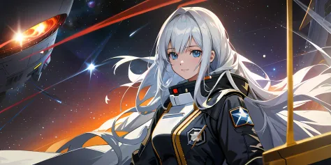 girl standing on a space command ship，a slight smil，space in the distance is still fighting，a nearby exploding star gradually co...