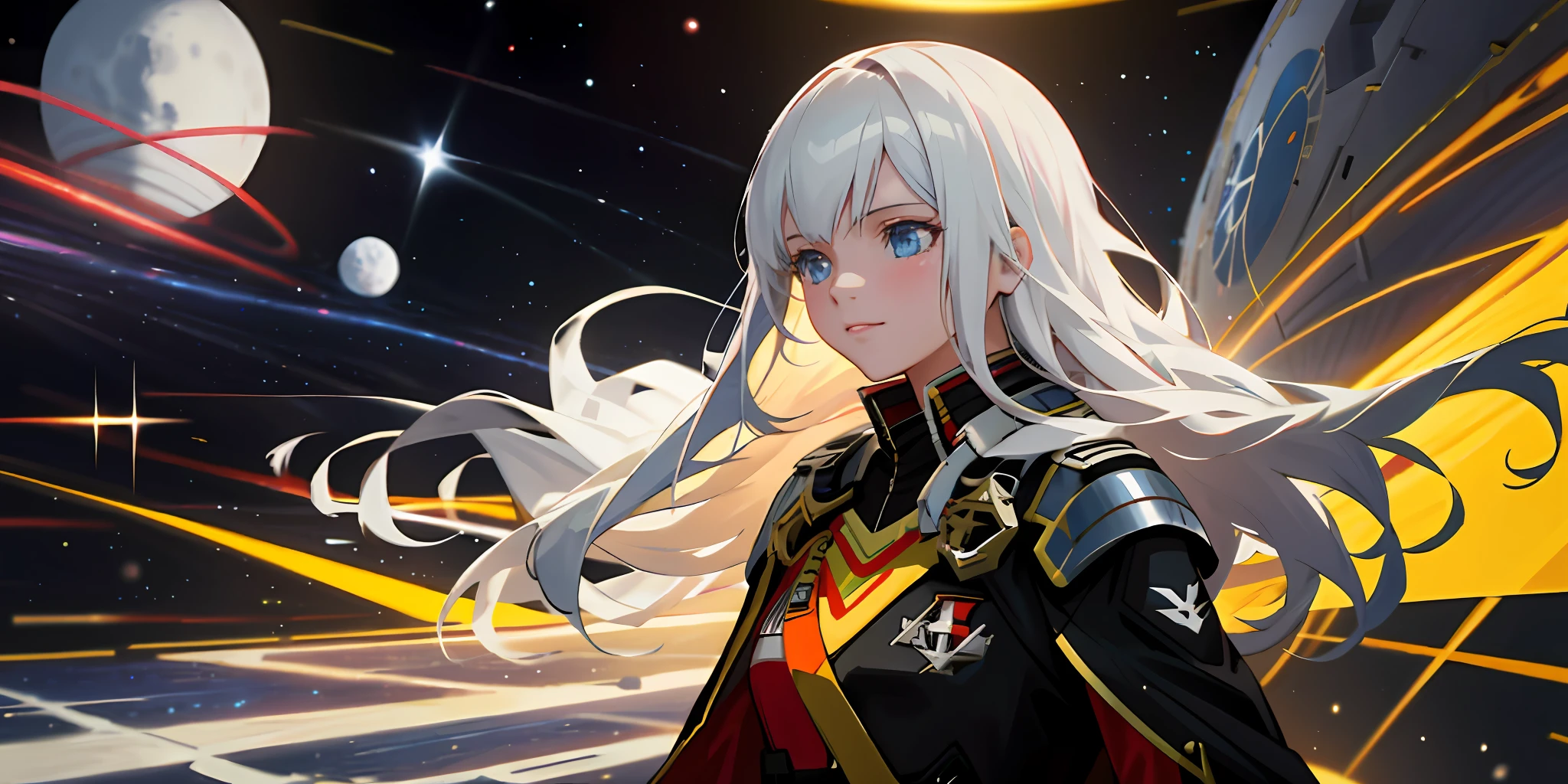 Girl standing on a space command ship，A slight smil，Space in the distance is still fighting，A nearby exploding star gradually collapsed into a black hole。Maiden Governor，White-haired girl，long whitr hair，portrait of teenage girl，Wearing an imperial scientist white coat，Starship battlefield，Anime wallpaper 4K，anime wallpaper 8 K，Starskrim，realistic space，Simple，sci-fy，photorealestic