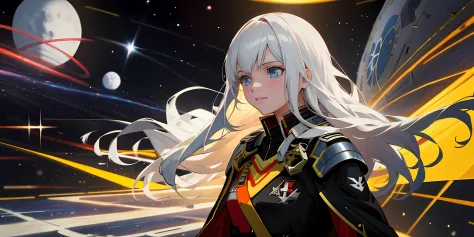 girl standing on a space command ship，a slight smil，space in the distance is still fighting，a nearby exploding star gradually co...