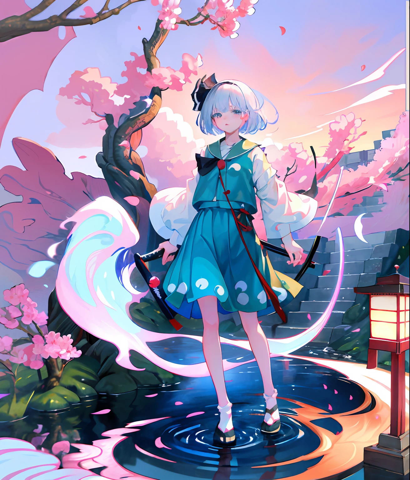 Illustration of Youmu Konpaku holding a Japanese sword, masterpiece, fine detail, 4k, 8k, 12k, solo, one person, beautiful girl, Caucasian female, Youmu Konpaku, Youmu Konpaku from behind, standing on water, cherry blossom petals on the ground, hell , lanterns, cherry blossom petals, purple sky