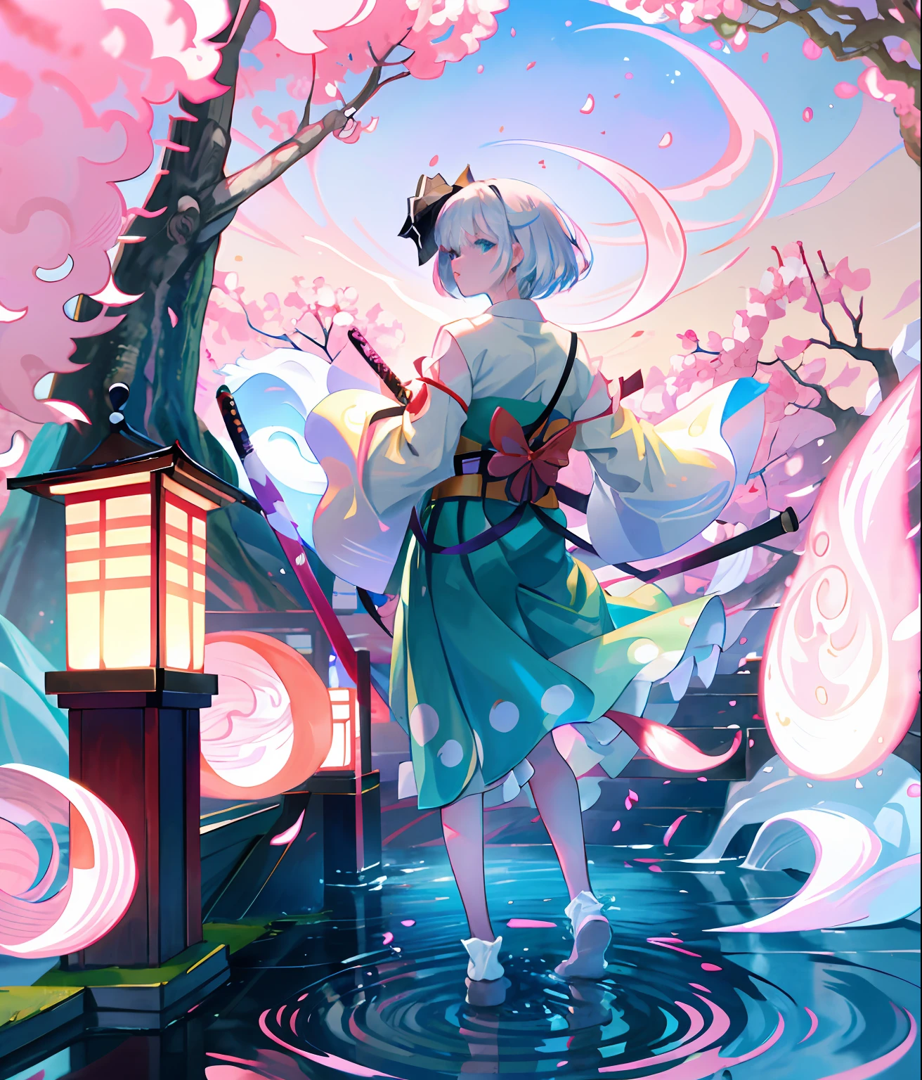 Illustration of Youmu Konpaku holding a Japanese sword, masterpiece, fine detail, 4k, 8k, 12k, solo, one person, beautiful girl, Caucasian female, Youmu Konpaku, Youmu Konpaku from behind, standing on water, cherry blossom petals on the ground, hell , lanterns, cherry blossom petals, purple sky