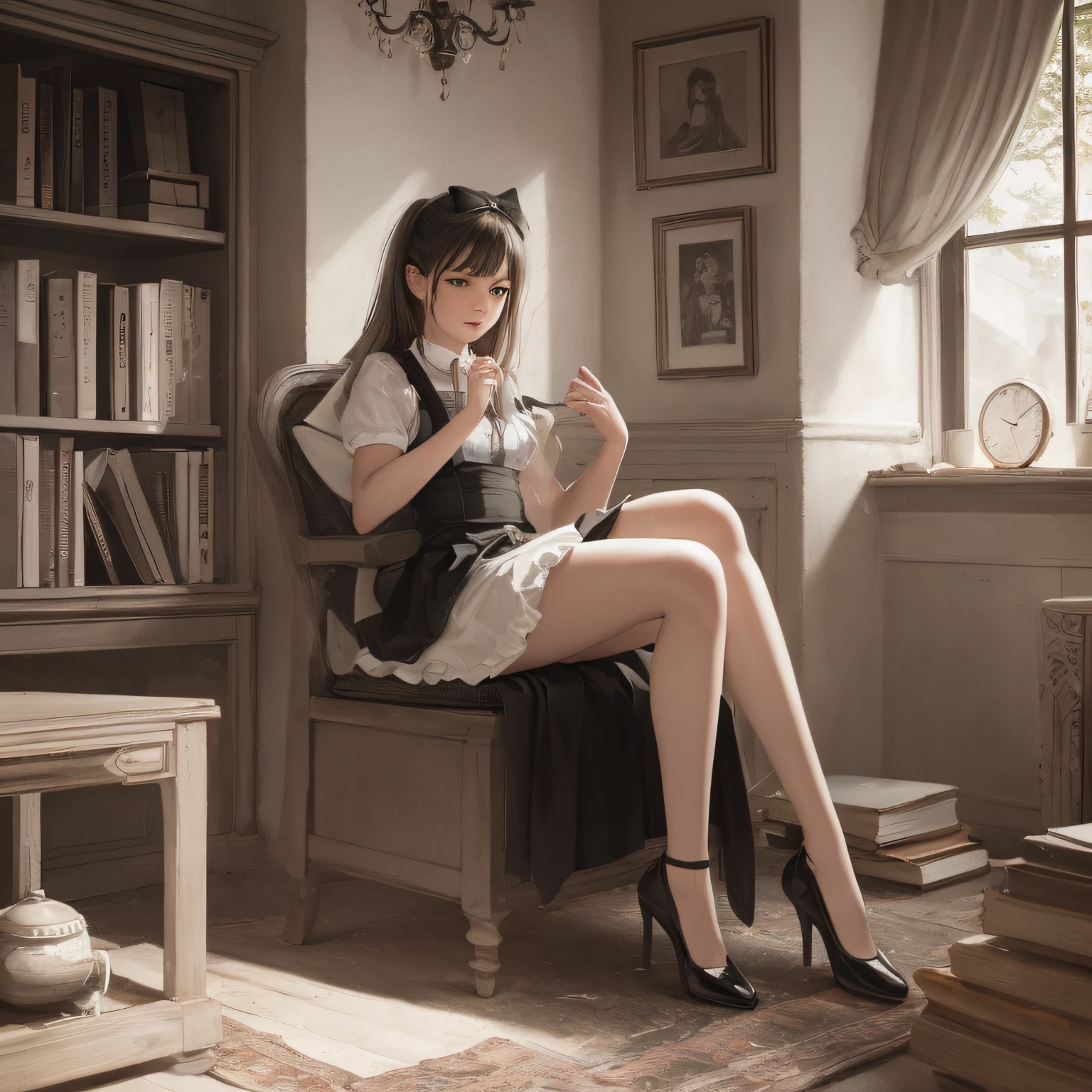 P girl,beautiful angelic face,
Wearing maid skirts and aprons,Stockings,High heels,Topless,
In the Victorian study，There are books and bookcases,Old wooden floor,
85mm Nikon lens,
charcoal:1.5 Sketches:1.5,illustration,Painting,Manga,pencil drawing,escala cinza,monotone,Vignette,
Final style:0.5 KATH3R1N3Langf0rd2:0.8,