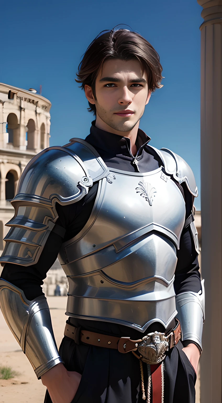 ((Men only)), (head shot), (frontal face), (Tanned handsome muscular male gladiator in his 20s), Warrior tied up with chiseled physique, Dressed in formidable blue armor, Exude strength and determination in every stance, (Ancient Roman Colosseum in the background), (Johnny Edlind), Mischievous smile, (detaile: 1 in 1), Natural muscles, HIG quality, beautidful eyes, (Detailed face and eyes), (Face、: 1 / 2), Noise, Real Photographics、... ...............................................................................................................PSD, Sharp Focus, High resolution 8K, realisitic & Professional Photography, 8K UHD, Soft lighting, High quality, Film grain, FujifilmXT3