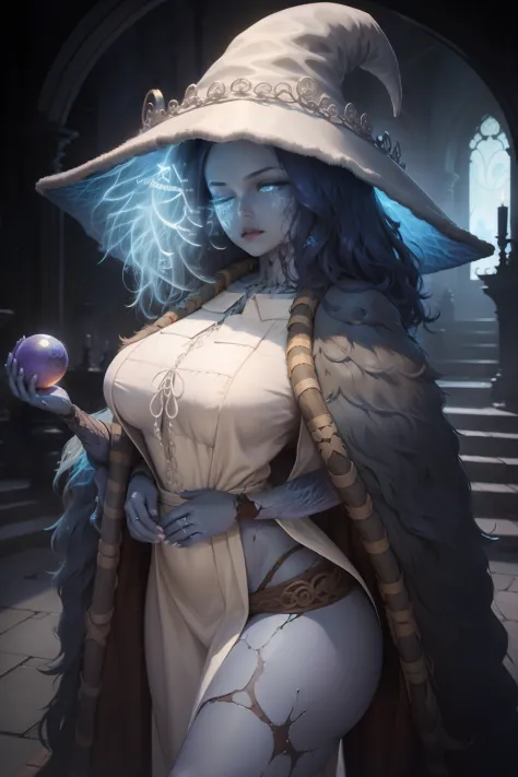 a woman dressed as a witch holding a crystal ball, a digital painting, by Yuumei, alphonse mucha and rossdraws, glowing blue, pr...