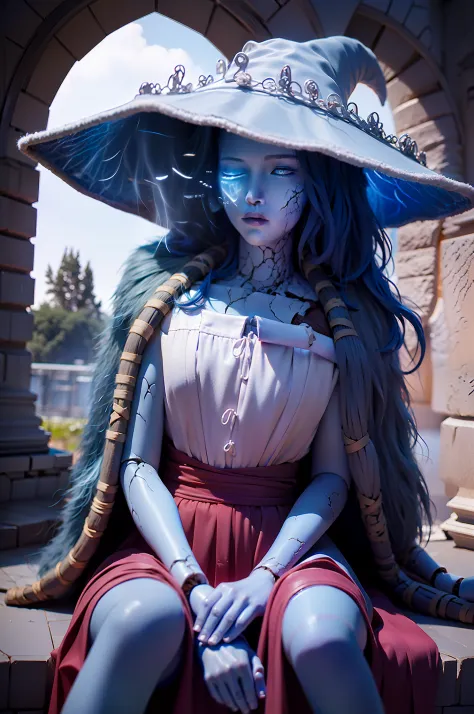 Ranni the witch from Elden ring, a woman in a blue hat and red dress, Blue skin color, wearing witch costume, one close eye with...