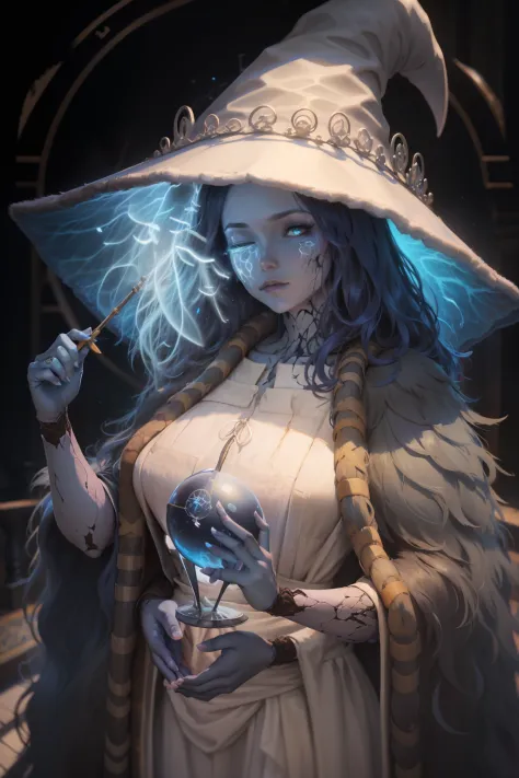 a woman dressed as a witch holding a crystal ball, a digital painting, by Yuumei, alphonse mucha and rossdraws, glowing blue, pr...