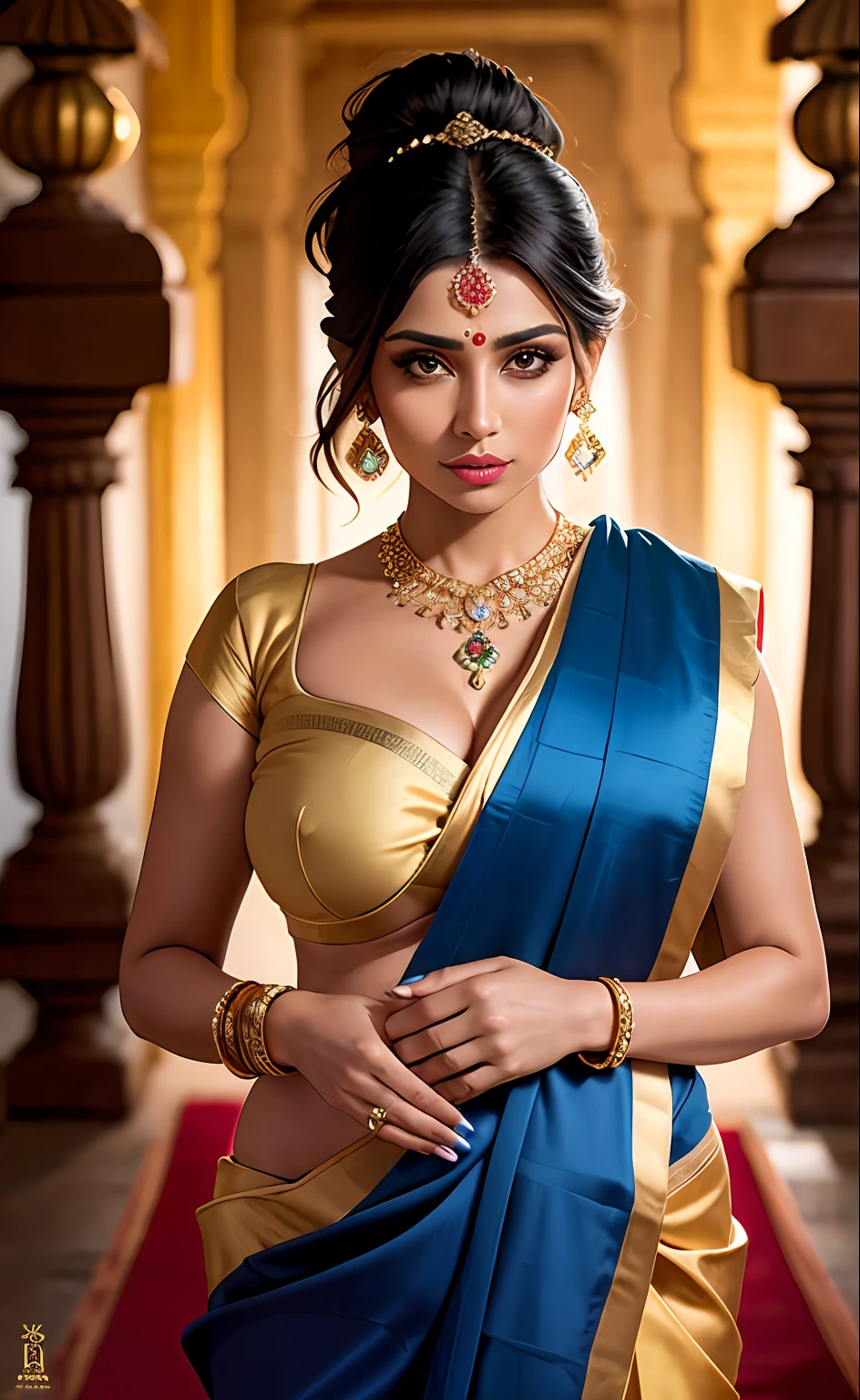 close-up RAW Portrait shot, photograph, androgynous human, oval jaw, delicate features, beautiful face, dark hair, (big bun:0.7), long bangs, hairband, long ponytail, bright blue-green eyes, (royal blue silk sari:1.4), 25yo stunning beautiful woman, (golden luxurious diadem with intricate details, gem:1.3), intricate details, skin texture, natural skin pores, dark dramatic studio lighting, cinematic shot,tan, dark olive skin, symetrical face, lascivious looking at viewer, parted lips, full lips, smokey eyes, bun pillow, elaborate hairstyle, dark lips, standing inside a hindu temple mith intricate ornament Big boob busty ,tit ,no bra,without bra