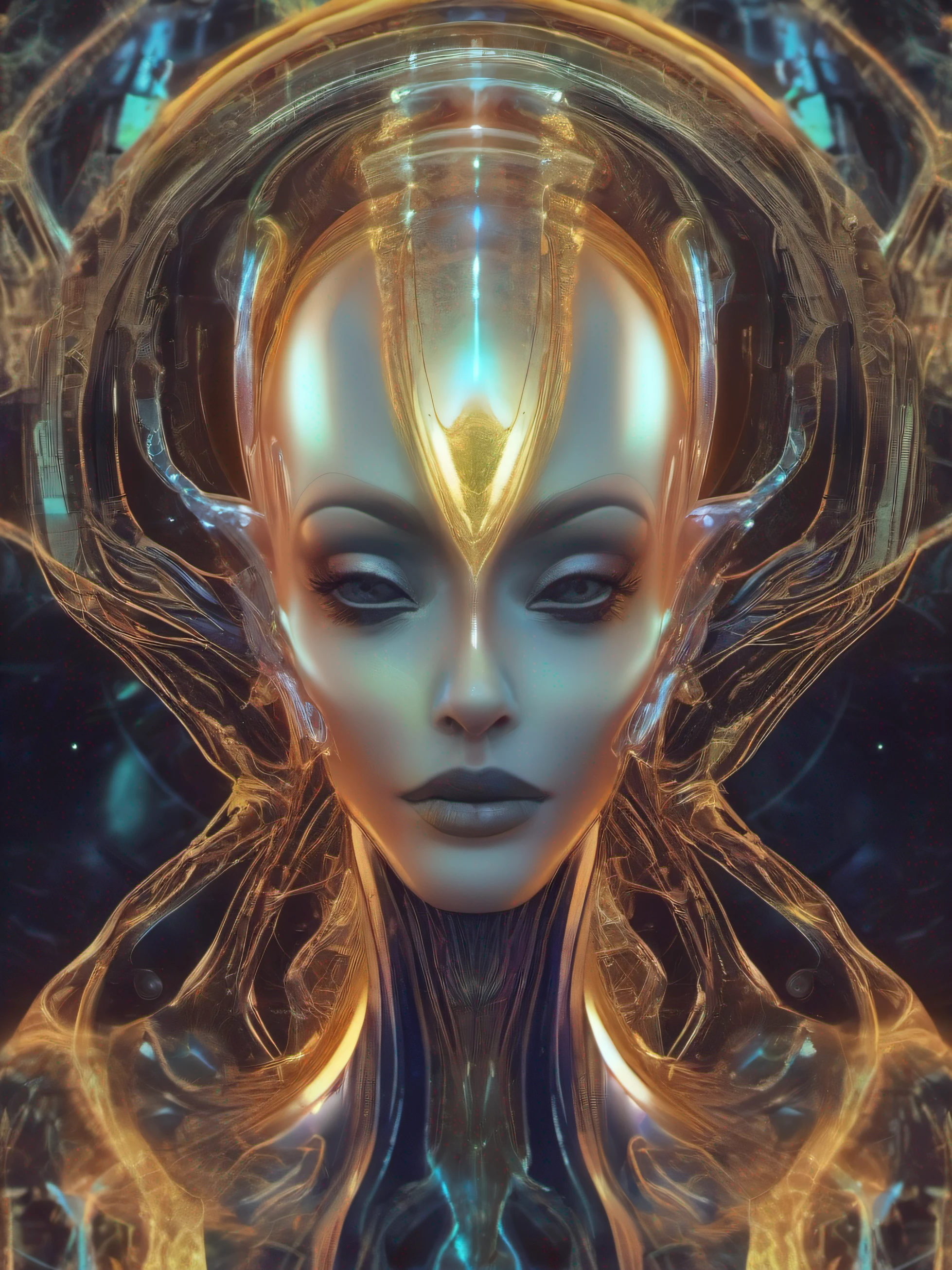 Geisterhaftes Porträt eines futuristischen Außerirdischen aus einer anderen Dimension, Schöpfer des Universums mit mächtiger alter Magie aus einer unbekannten Dimension