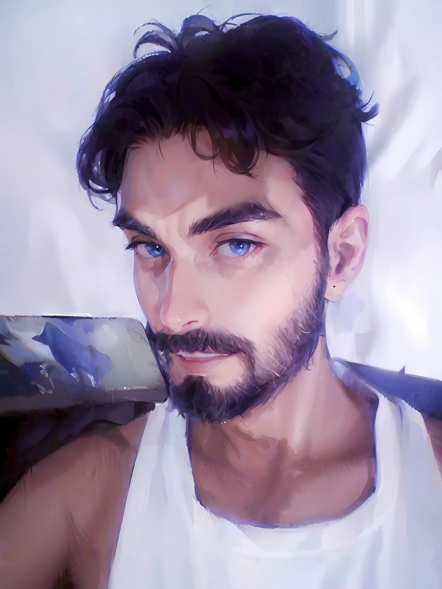 1boy, apple, bag, bangs, berry, black hair, black shirt, blue eyes, hair between eyes, jewelry, leaf, looking at viewer, male focus, necklace, pants, shirt, solo, watch, white pants, wristwatch, messy hair, trending on artstation, 8k resolution, highly detailed, anatomically correct, sharp image, digital painting, concept art, trending on pixiv, style of makoto shinkai,