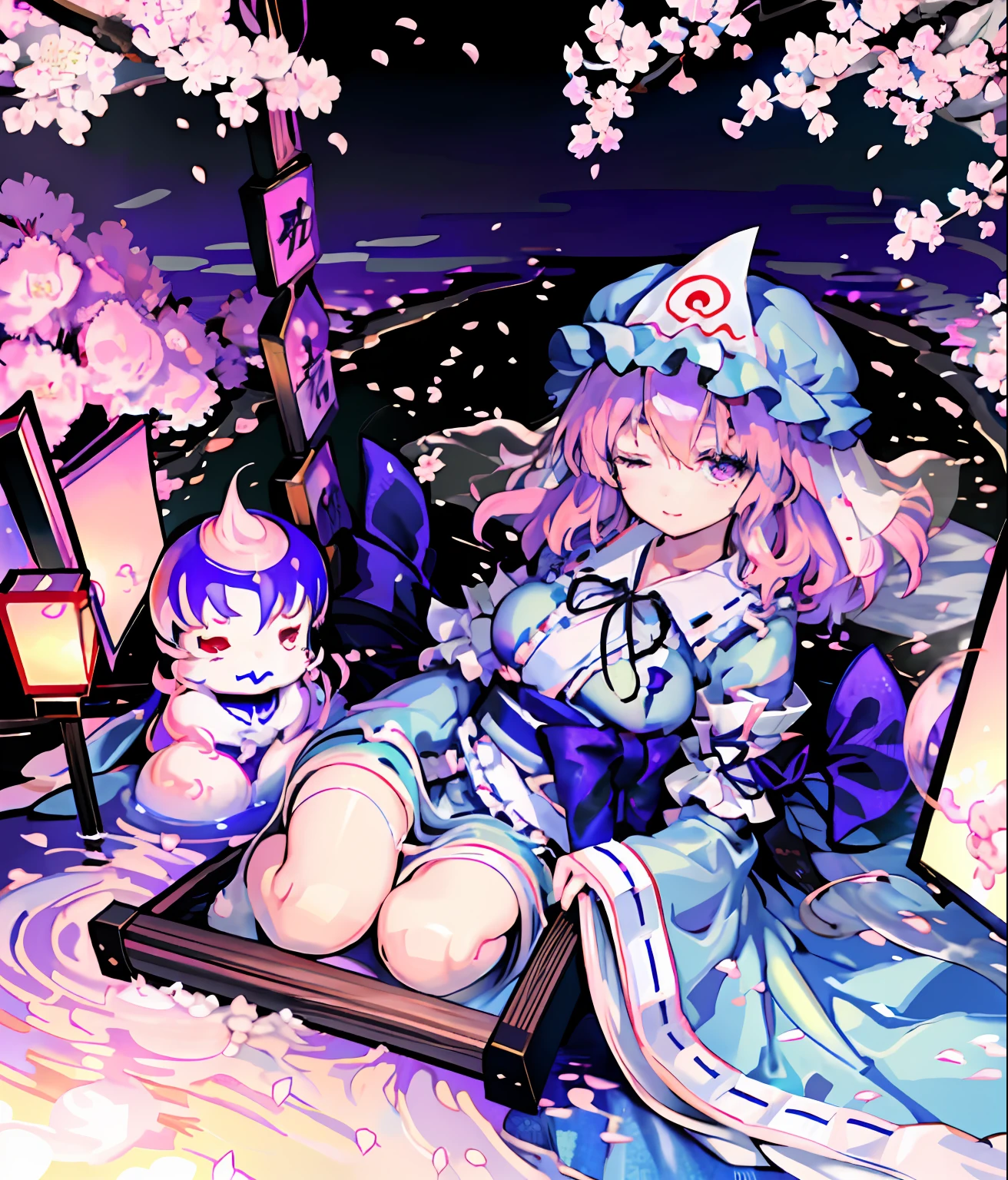 Illustration of Yuyuko Saigyouji in a coffin, masterpiece, fine detail, 4k, 8k, 12k, solo, one person, beautiful girl, white woman, Yuyuko Saigyouji, eyes closed, cherry blossom petals on the floor, purple cherry blossom