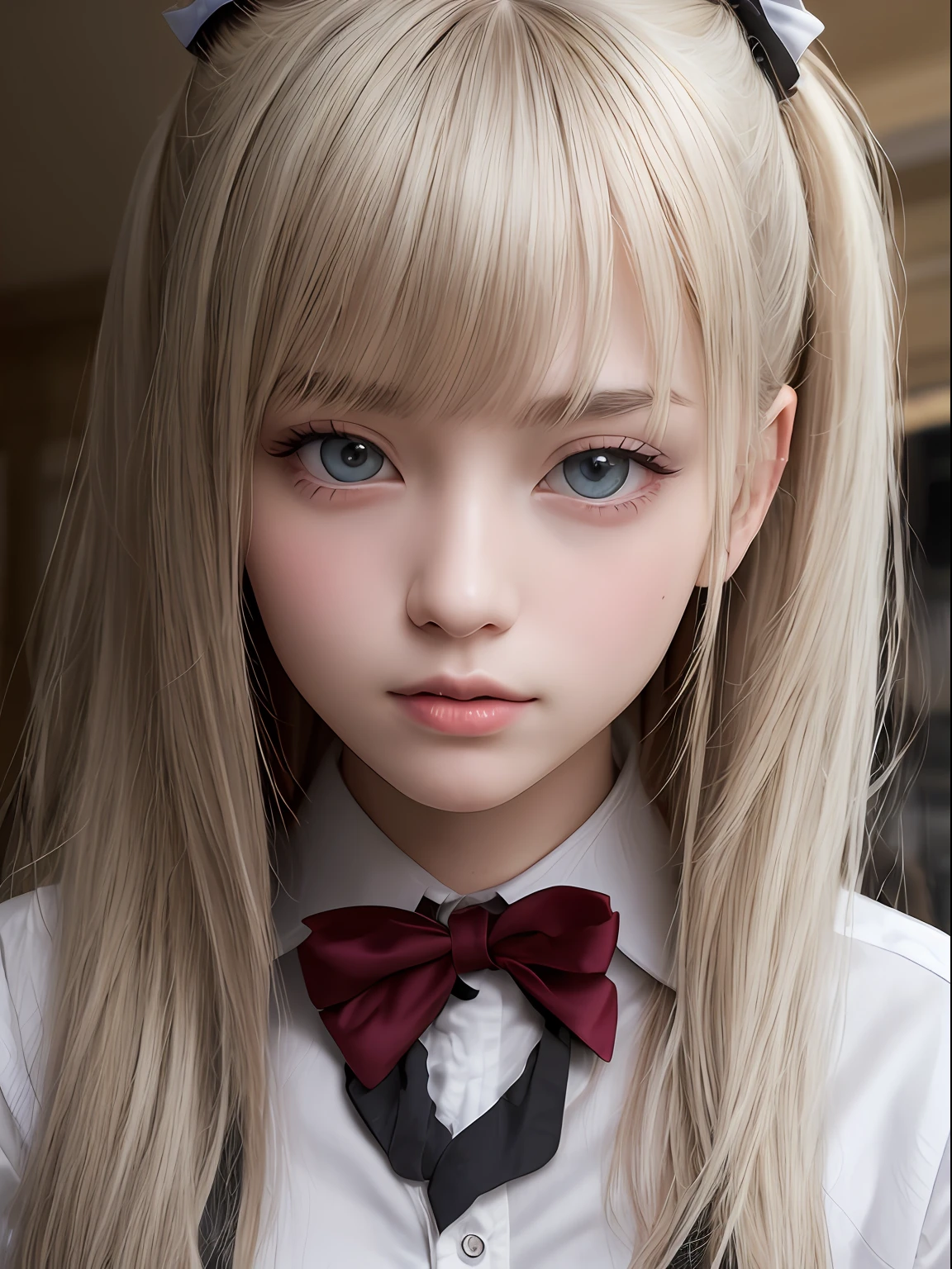 bright expression、photorealisim、top-quality、超A high resolution、a picture、Photos of the most beautiful Nordic girls、Detailed cute and beautiful face、a small face、(pureerosface_v1:0.008)、Beautiful bangs、alice in the wonderland、17 age、Glowing white shiny skin、poneyTail、Bangs that extend to the face、bangss、Hair between the eyes、Super long hair、Attractive platinum blonde super long silky hainer hair、Attractive glowing beautiful bright clear light blue big eyes、School Uniforms、student clothes、eye liner、Double eyelids、ample breasts