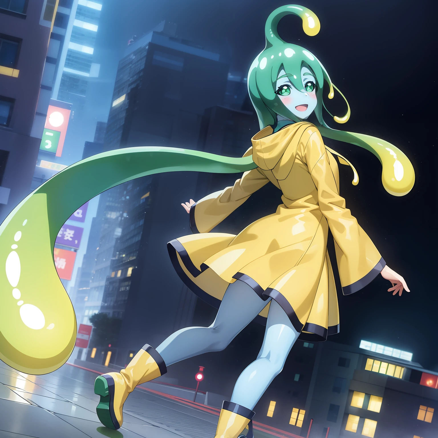 Anime girl in yellow raincoat running in the city at night - SeaArt AI