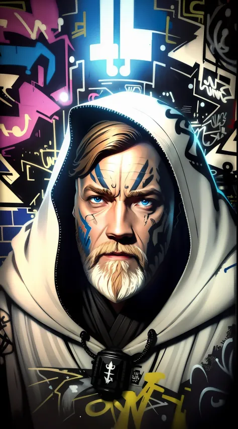 8k, obi wan, (funko style), wearing a hoodie, gangster style, wall, (graffiti:1.6), paint splatter