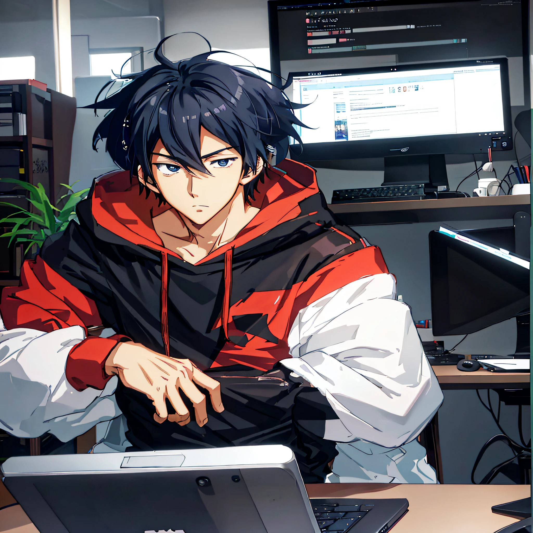 anime guy sitting at a desk with a laptop and a monitor, anime style 4 k, 4k anime wallpaper, badass anime 8 k, 4 k manga wallpaper, young anime man, anime boy, anime wallpaper 4 k, anime wallpaper 4k, high quality anime artstyle, anime moe artstyle, anime art wallpaper 8 k, anime art wallpaper 4k