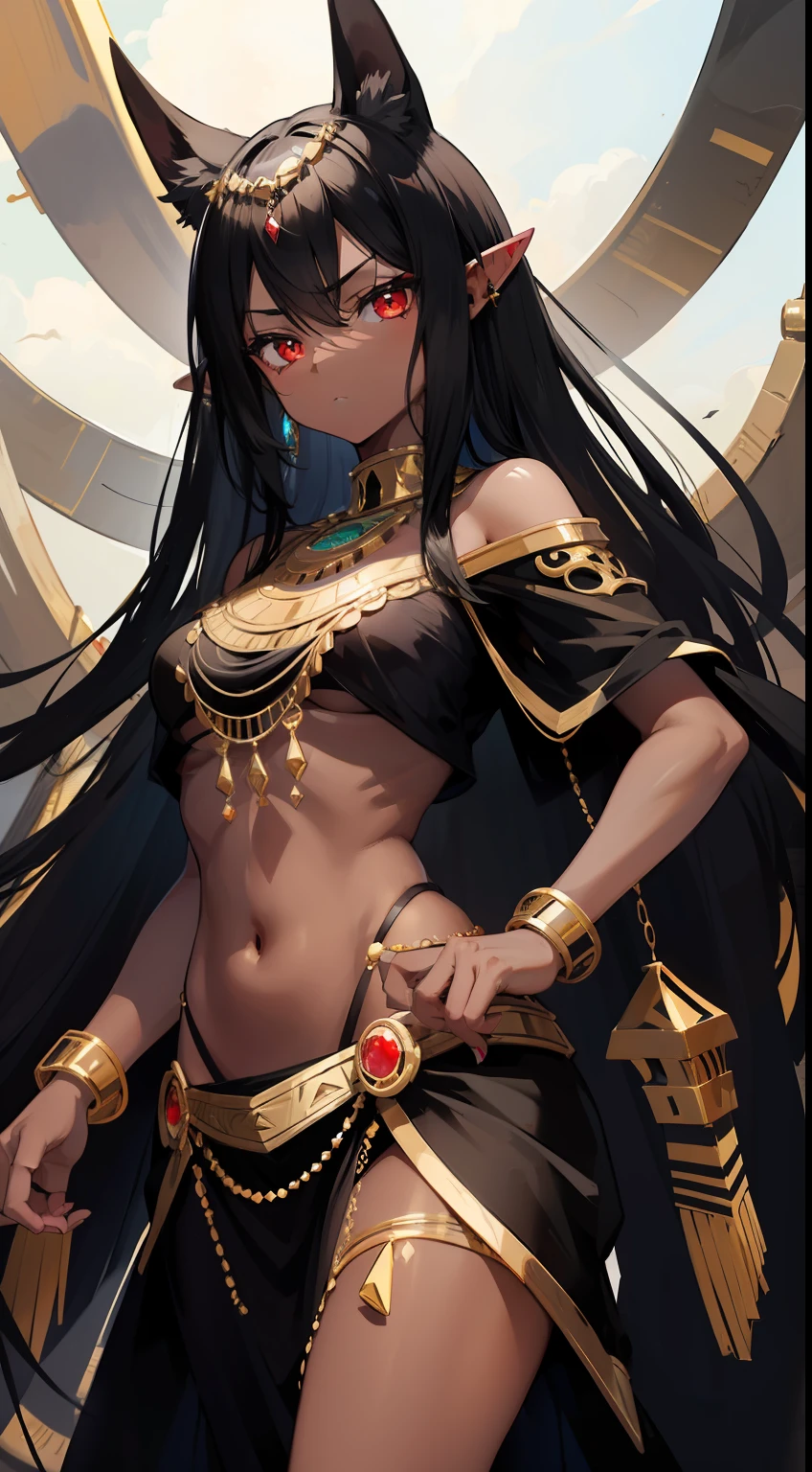 Young black girl, black skin, Long black hair, elf ears, red-eyes, Egyptian Princess, golden jewelery, anger, Masterpiece, hiquality