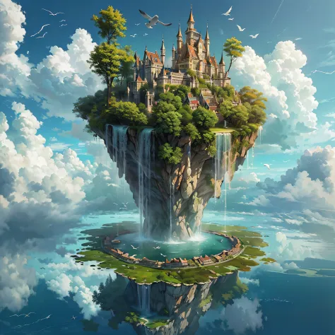 Upside Down World:2, (an artist's design of a floating Castle on the floating the land and Forest and Fountain in the air, above the A few clouds and thunderstorms)1.4, bird's-eye view, scenery, no humans, a fantastic magical world,  (Best quality), (maste...