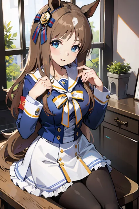 ((​masterpiece、top-quality))、独奏、Glass Wonder、Uma Musume、独奏、Marl、length hair、brown haired、Blue sailor suit、White sailor color、lon...