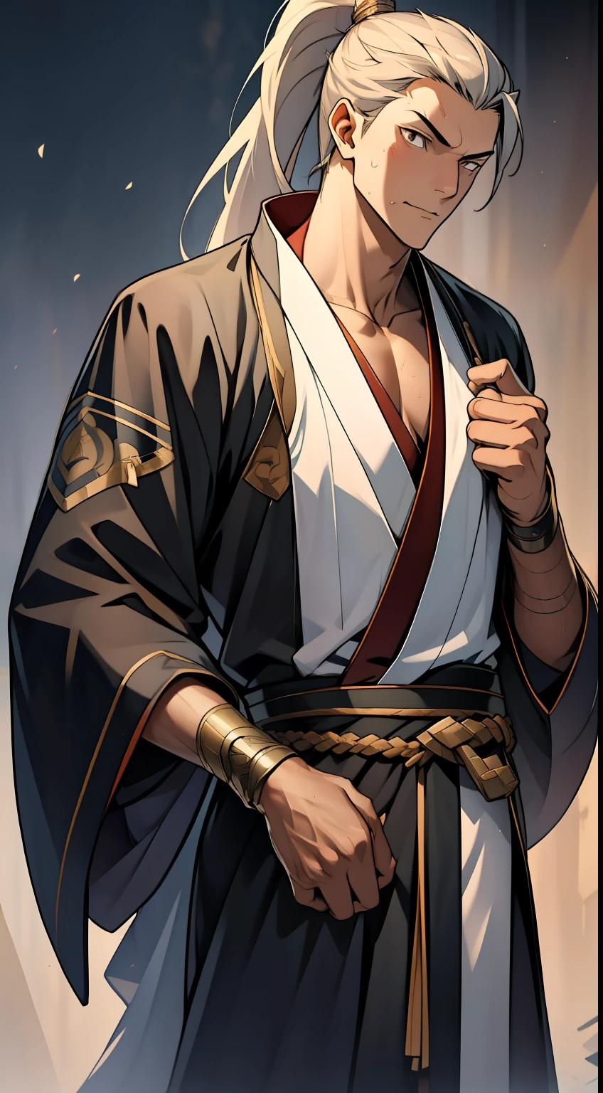 quadratic element，style of anime，mtu（Male Warrior），The proportions are correct，Face details，swordsmen，High ponytail hairstyle，Neck details，There is an Adam's apple，Black Hanfu，kaftan，Embroidered robes，Black robe，clothes details，Handing over，longer sleeves，Game quality，Swordsmanship，Light and shadow tracking，Ray traching，detailed glow，cg render，hair detail，long  white hair，Black eyes，Handsome，Handsome，（juvenile sense），Clothing is complicated，Perfectcomposition，Refinement，high qulity，higher details，Lots of details，The background is complex，a sense of atmosphere，