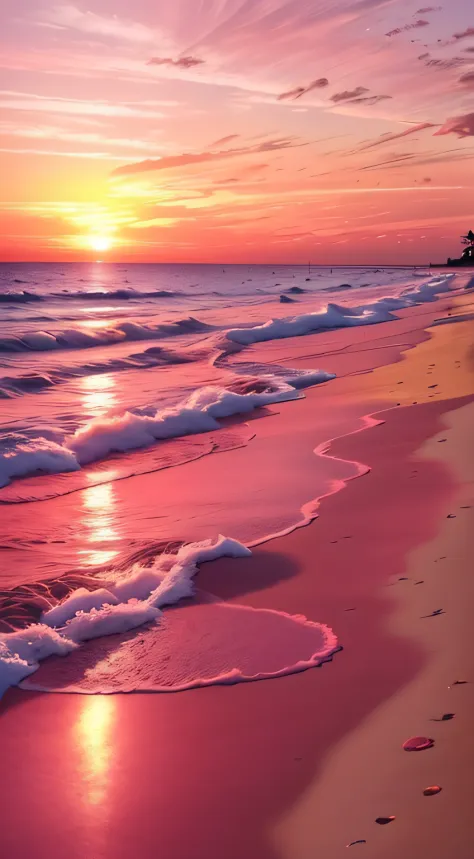 beach close-up，sunsets and bodies of water, stunning skies, which shows a beach at sunset, stunning skies, redpink sunset, color...