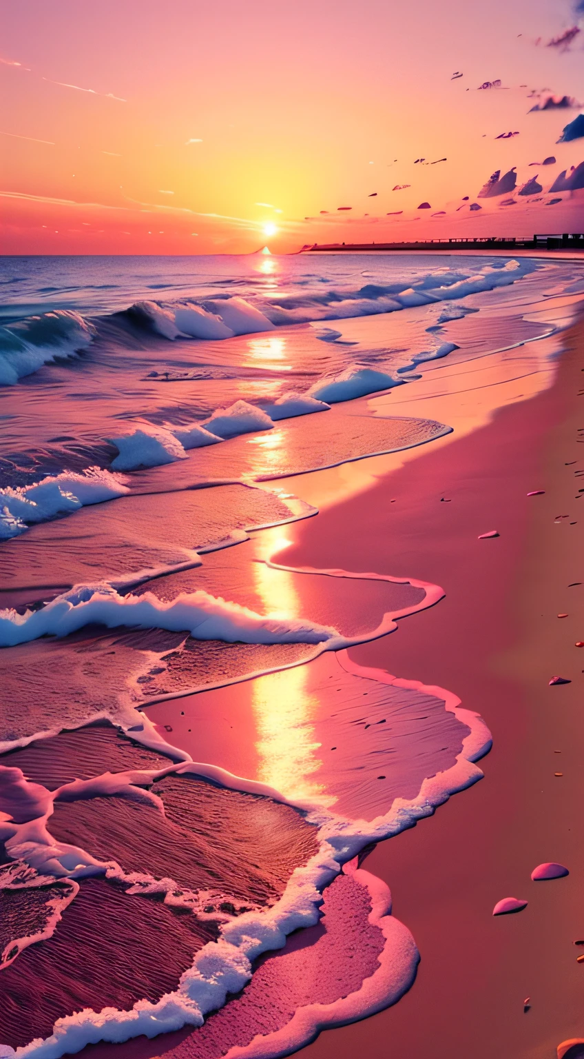 Beach close-up，Sunsets and bodies of water, stunning skies, which shows a beach at sunset, stunning skies, redpink sunset, Colorful sunset, Pink sunset, colorfull sky, colorfull sky, pink skies, breathtaking colors, the colours of the sunset, vibrant sky, amazing sunset, Incredibly beautiful, vibrant sunset, colours of the sunset