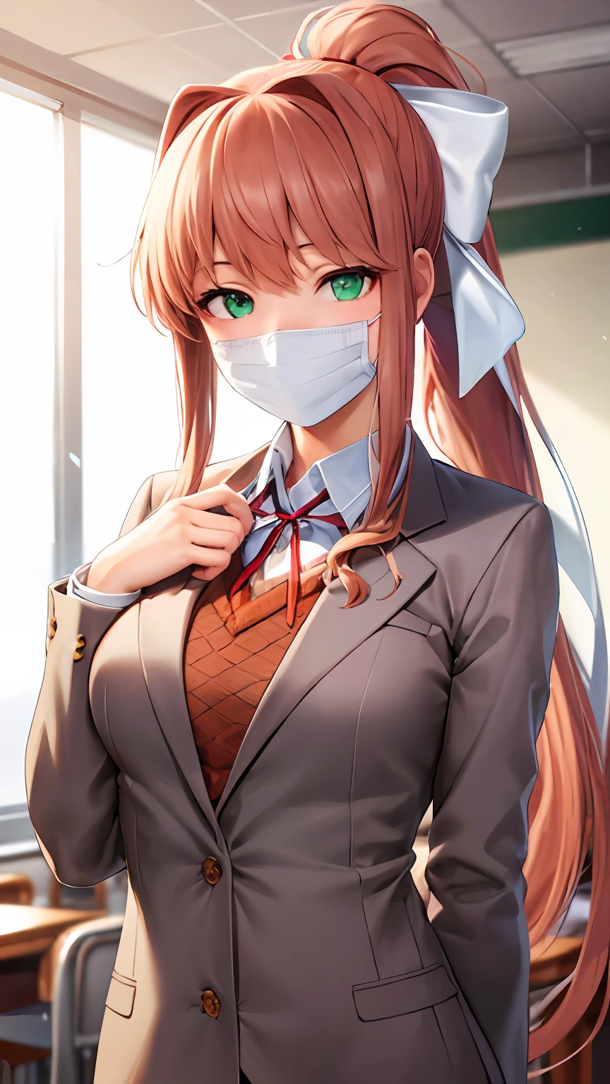 Realistic, Masterpiece, best Quality, perfect anatomy, (Detailed Eyes), 1girlphoto, monika, green eyes, brown hair, very long hair, ponytail, hair ribbon, white ribbon, shy smile, school uniform, blazer, brown sweater, collared shirt, neck ribbon, classroom, wear health facemask