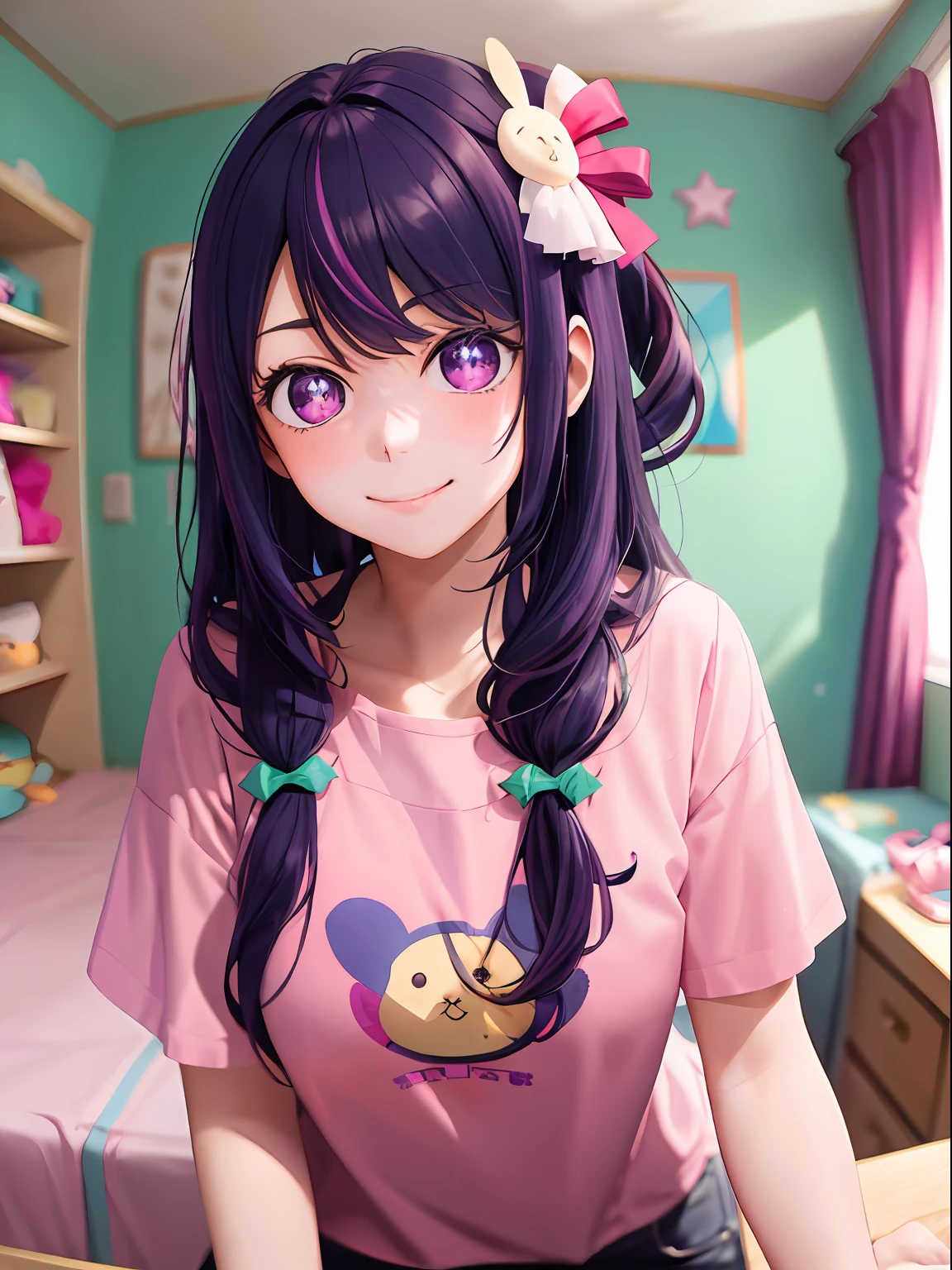 Anime girl with long black hair and pink shirt in a room - SeaArt AI