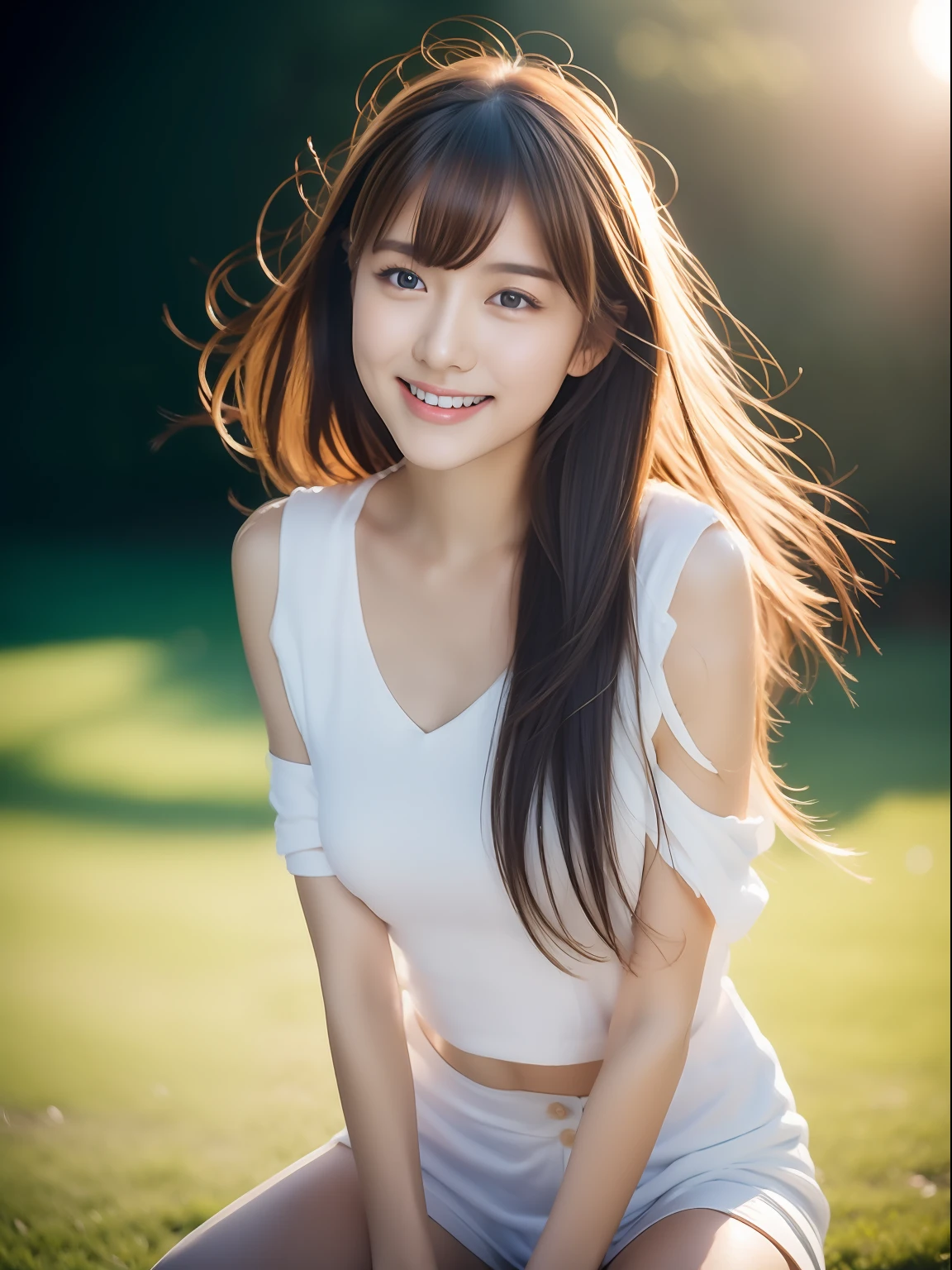 （1girll:1.0），(8k, Best quality, tmasterpiece),ultra - detailed, adolable, solo, cute Japan woman,brown  hair,By bangs, long whitr hair, pony tails,Beautiful and delicate eyes,Eyes speak， Moisturizes skin，protrusions，dynamicposes，protrusions，squat，，profesional lighting，photon maping，Radio City，physically-based renderingt，cinmatic lighting，Athletics field,depth of fields,Clear focus,rays of sunshine,well-composed,(bokeh:1.2) ，(full bodyesbian),(Keep your mouth shut),Beautiful and delicate eyes,lewd poses,a narrow waist,Brownish-yellow hair，messy  hair,Long hair flutters in the wind，