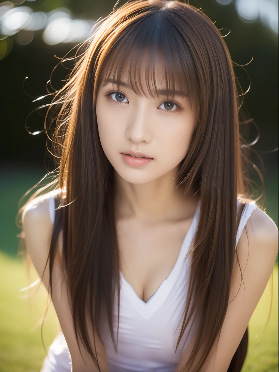 （1girll:1.0），(8k, Best quality, tmasterpiece),ultra - detailed, adolable, solo, cute Japan woman,brown  hair,By bangs, long whitr hair, pony tails,Beautiful and delicate eyes,Eyes speak， Moisturizes skin，protrusions，dynamicposes，protrusions，squat，，profesional lighting，photon maping，Radio City，physically-based renderingt，cinmatic lighting，Athletics field,depth of fields,Clear focus,rays of sunshine,well-composed,(bokeh:1.2) ，(full bodyesbian),(Keep your mouth shut),Beautiful and delicate eyes,lewd poses,a narrow waist,Brownish-yellow hair，messy  hair,Long hair flutters in the wind，