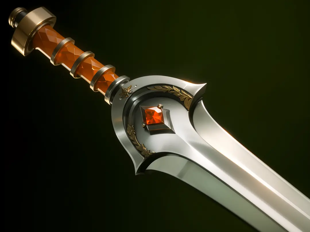 Masterpiece, Best quality, 8K, Realistic, There is a very large close-up of the broadsword, steel blades, The hilt is set with orange gemstones, The hilt is made of brass, steel sword, metal swords, Gray black background
