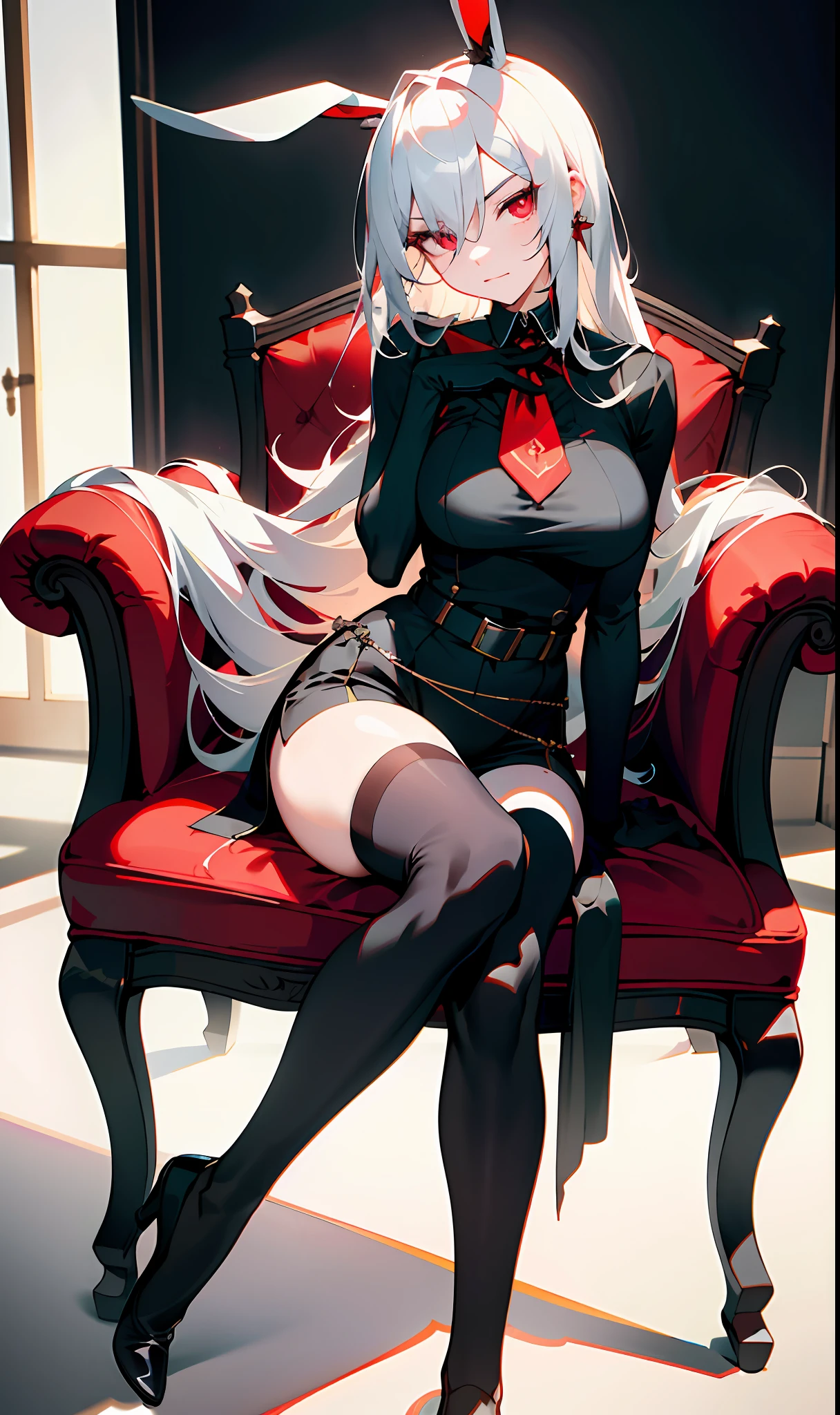 ((Masterpiece, best qualtiy))，exquisitedetails，Fine background，Delicate light，Ray traching，Perfect texture，one-girl，White color blouse，Black super shorts，Black chest strap for upper body, fixed gun strap，Strangle，leg loops，Black stockings，black military boots，Wear a gun belt，Red pupils，Glowing pupils，Exquisite facial features，long leges，Elaborate Eyes，Disdainful eyes，evilsmile，Gloomy environment，voluptuous figure，Big breasts and thin waist，Tall guy，Slender Muscular，The right proportions，抖S，Royal Sister，full body shot shot，Be red in the face，White skin，Long white hair，Red pick dye，Only a pair of rabbit ears，just two legs，Narrowing of the skin，Strangulation，mitts，Black clothing，Foot shot，Seductive action，inside in room，sit on chair，Leaning on the backrest，Hold your hands to your chest，Look down，Positive perspective，Show feet，blackstockings，army boots，leg loops，Show feet，Feet appear in the picture，your legs，blackstockings，Overlooking