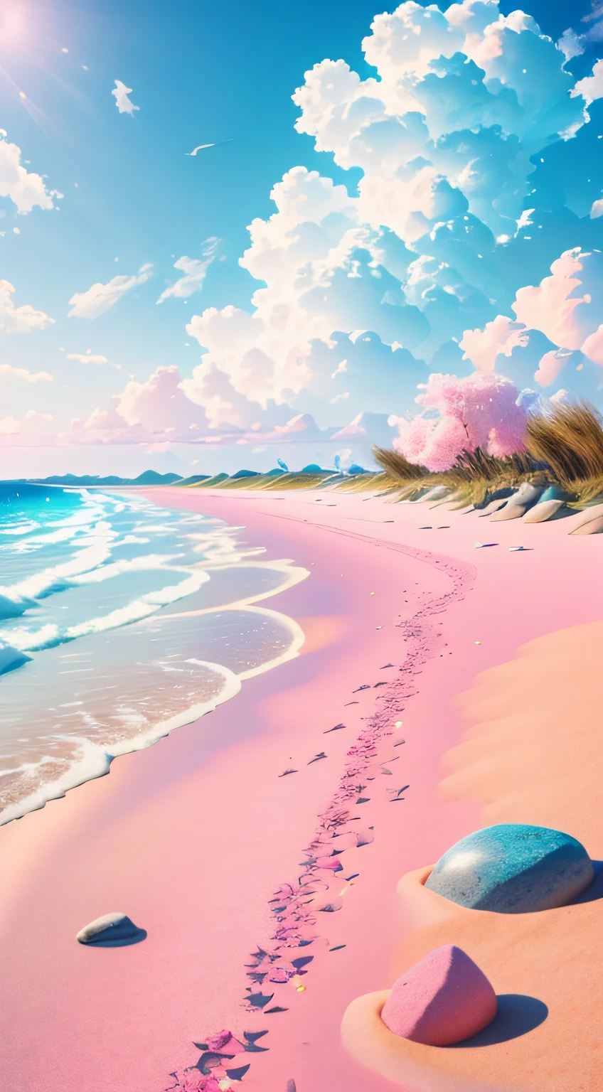 Exquisite scenes，depth of fields，8K，Cloudless，Blue sky，The sun shines on the pink sand。There are roses on the beach，Goose warming stone