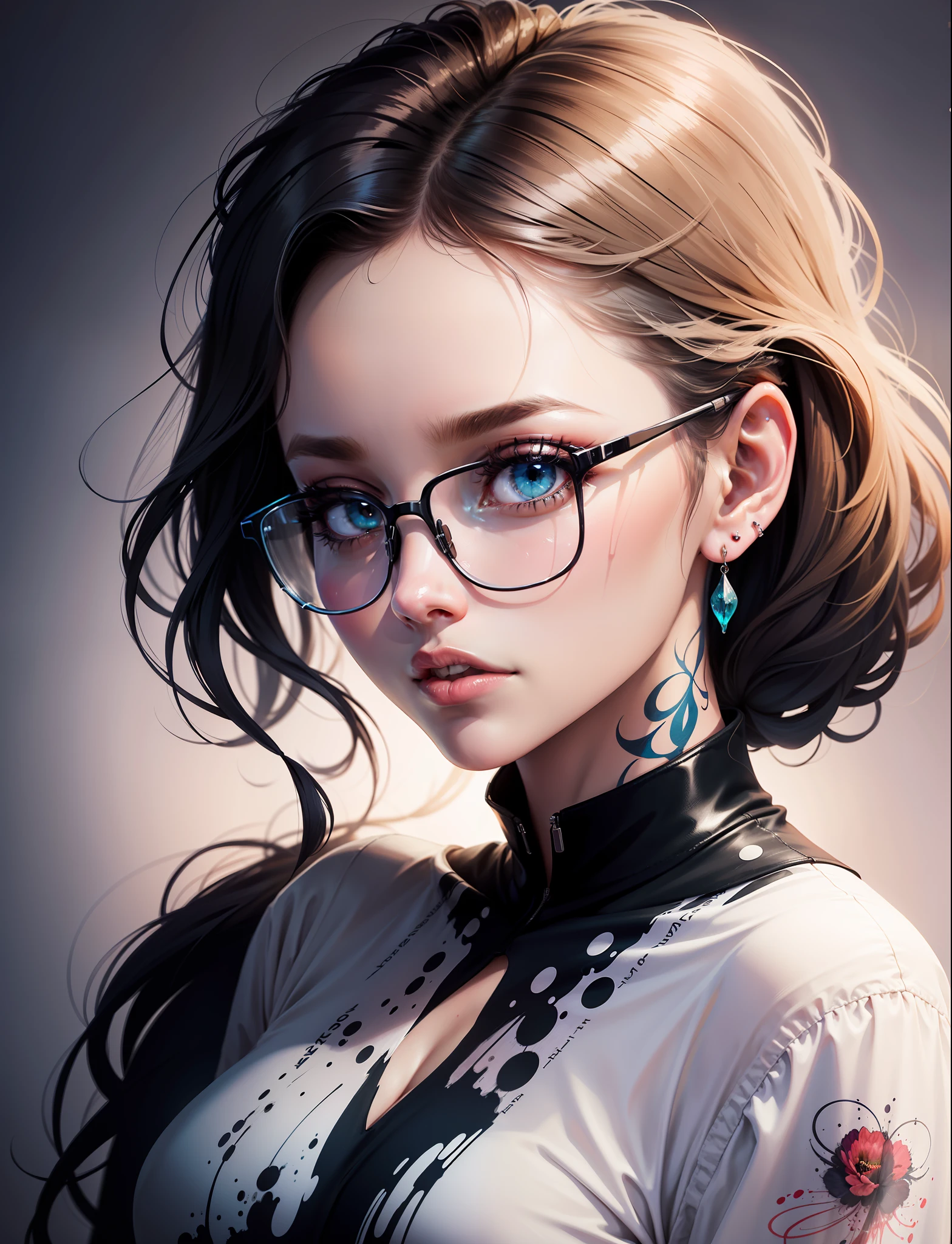 a painting by of a woman by agnes cecile, luminous design, pastel colours, ink drips, autumn lights clonion, 1girl, solo, upper_body, full_body, a girl in white shirt, look at viewer, detailed eyes, earrings, tattoo, tinted_eyewear, looking_over_eyewear, glasses, (paint splash), flat_color, high_contrast,,