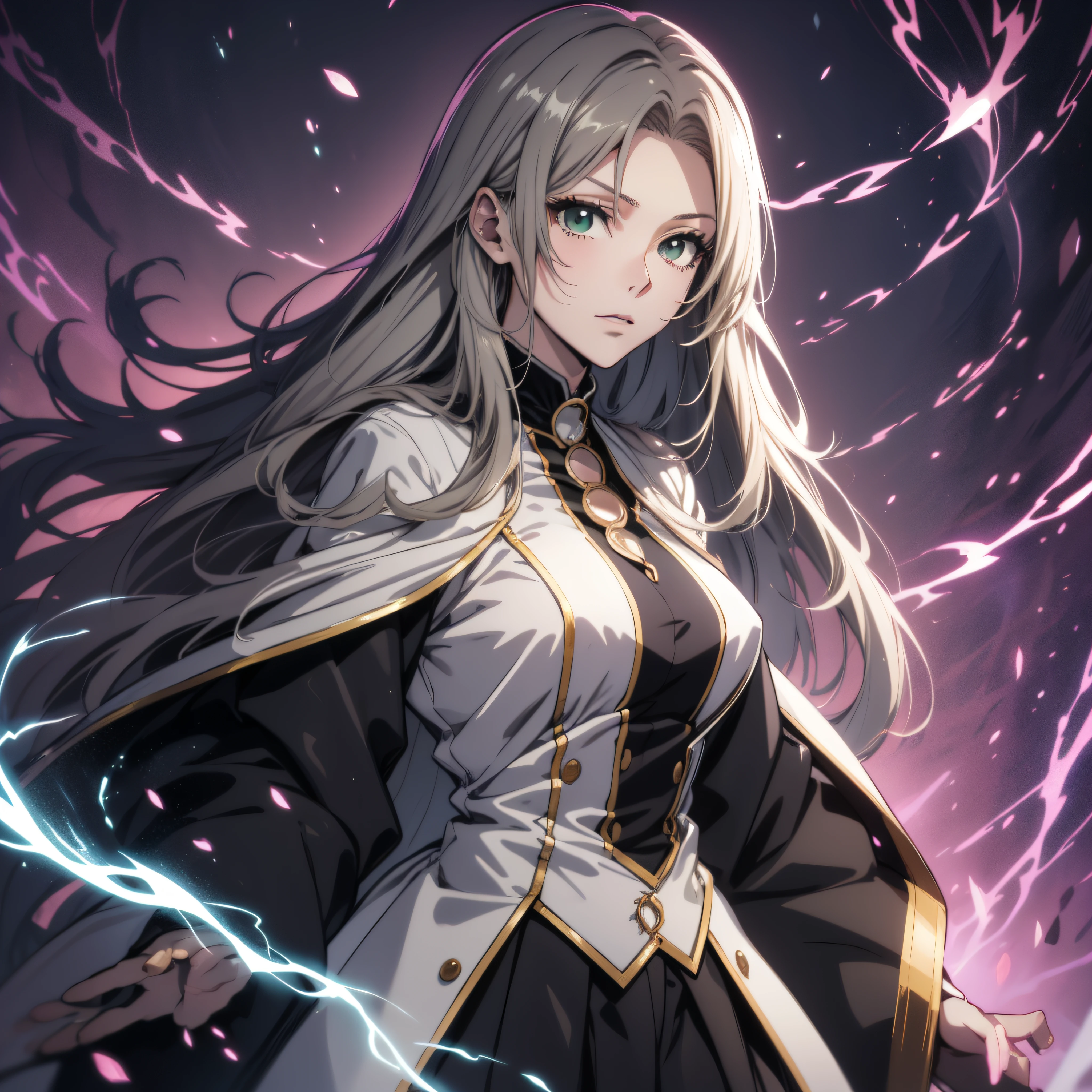 20 years old Anime girl, long raven hair, slightly wavy hair, parted bangs, Magus, green eyes, long black coat, white shirt, black skirt, aristocrat, noble attire, beautiful, ethereal, elegant, prestigious, dark background, particle effect, fire flame, lightning, standing