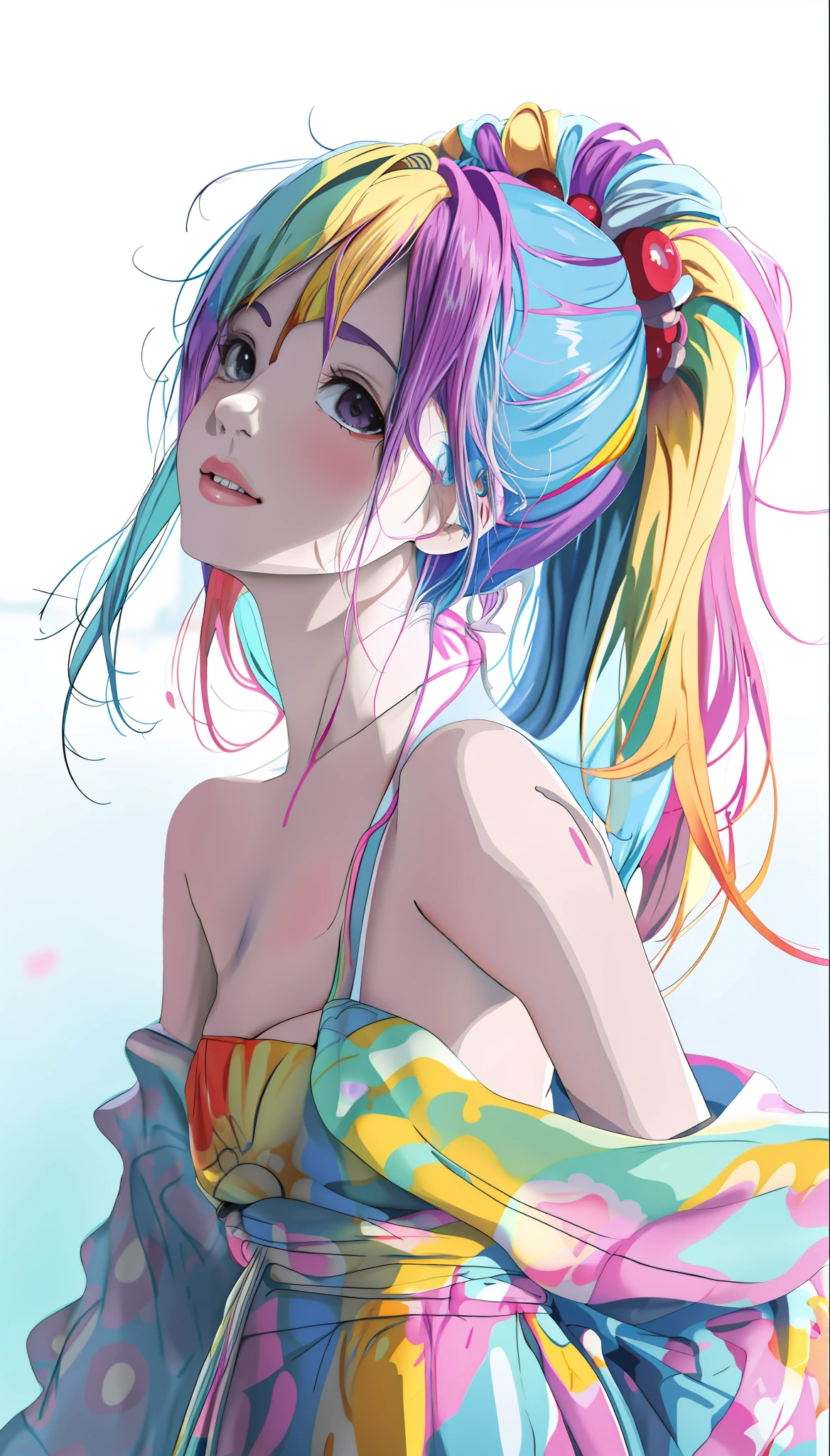 Anime girl with colorful hair and colorful clothes, Rosla's soft vitality, Roslass cartoon vitality, anime style 4 K, beautiful anime portrait, art germ colorful!!!, beautiful anime girl,! dream art germ, anime style digital art, digital animation art, anime art wallpaper 4K, anime art wallpaper 4K, extremely detailed art germ, masterpiece, very detailed,