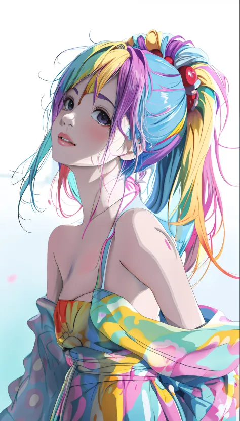 Anime girl with colorful hair and colorful clothes, Rosla's soft vitality, Roslass cartoon vitality, anime style 4 K, beautiful ...