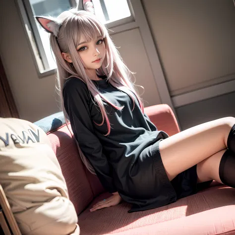 Anime girl sitting on sofa，Legs crossed, cat ears girl，Guweiz on ArtStation Pixiv, beautiful anime catgirl, White-haired fox, ca...
