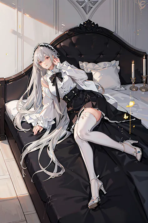 (((anime girl)),ray tracing,(dim lighting),[detailed background (bedroom)),((silver hair)),((silver hair)),(((fluffy silver hair...