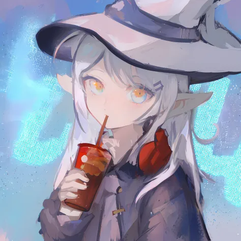 animemanga girl，hats and drinks in hand, mysterious coffee shop girl, half invoker half megumin, anime girls drink energy drink,...